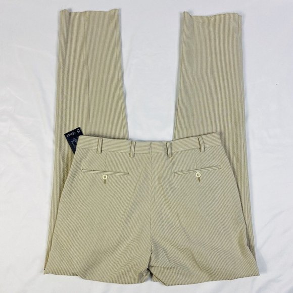 NWT 6 East Beige w/ Tan Stripe Seersucker Ctn Unfinished Flat Front Pants 34X38 - Picture 8 of 10